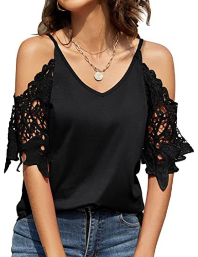 Lace Sleeve deep V-Neck Solid Color Sexy Suspender Women's T Shirt