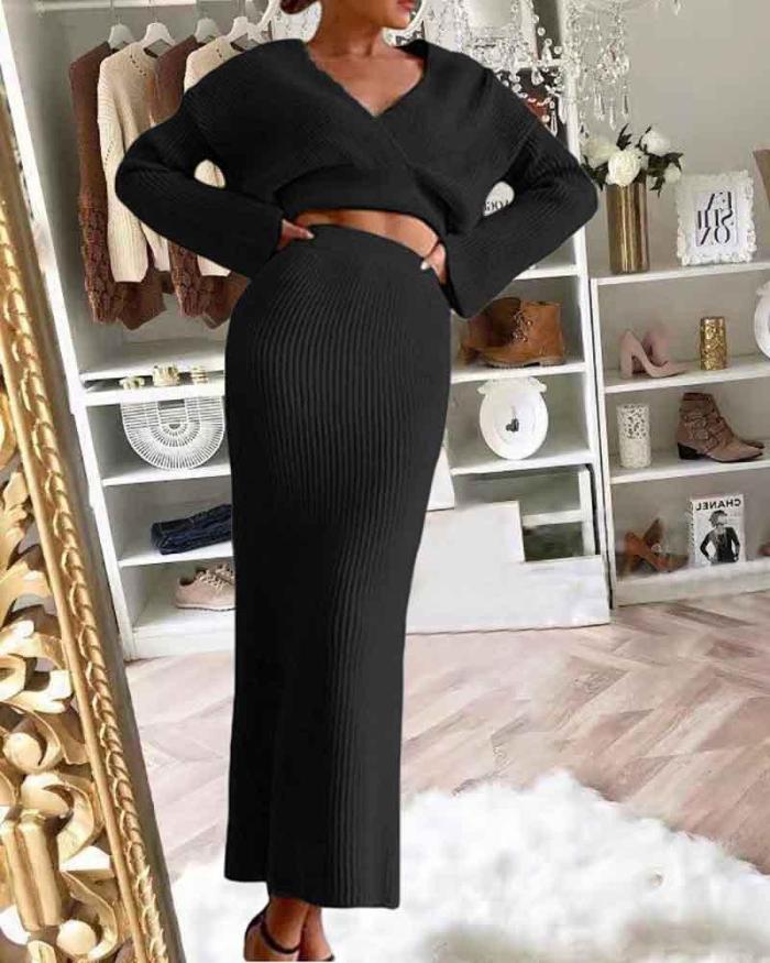 Long Sleeve V-Neck Casual Sweater + Skirt Two Piece Set
