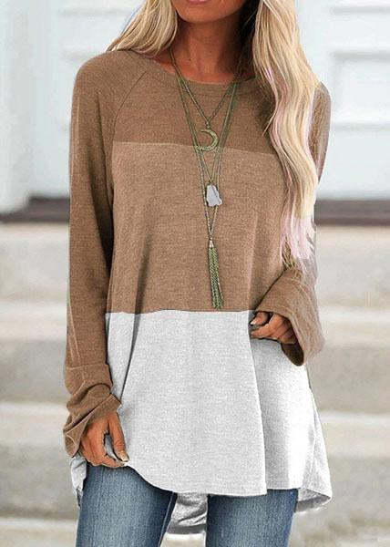 Casual Round Collar Color Block Long Sleeve Tops
