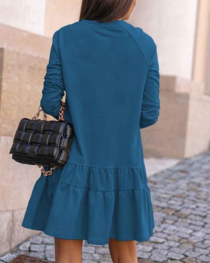 Solid Loose Crew Neck Ruffle Dress