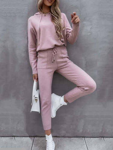 Solid color long sleeve hooded two-piece suit