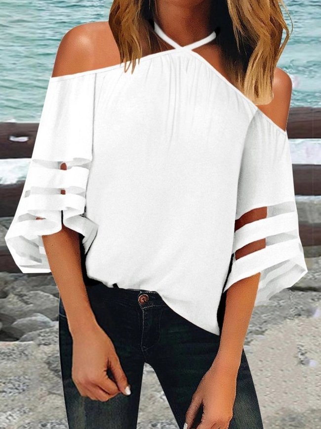 Sexy Halter Strapless Bell Sleeve Stitching Mesh T-Shirts