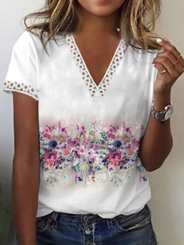 V Neck Floral Lace Casual T-Shirt/Tee