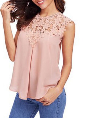Round Neck  Decorative Lace See-Through Tops