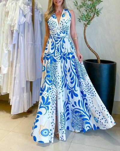 Stylish halterneck sleeveless print dress