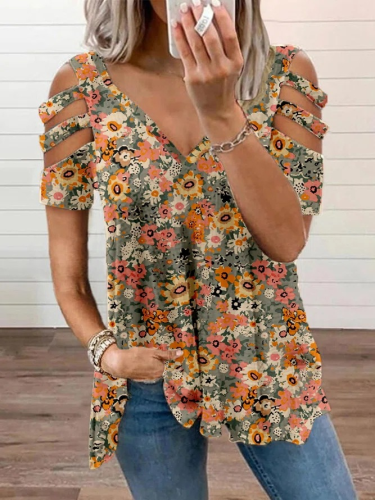 women's printed v-neck fashion casual short sleeves top