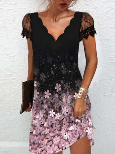 Positioned Print Wavy V-Neck Lace Short Sleeves dress