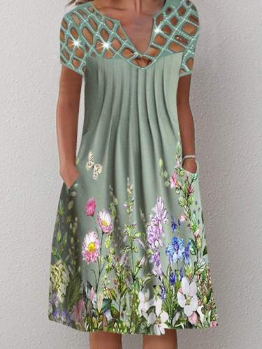 Casual Print Floral Cutout V-Neck Midi Dress