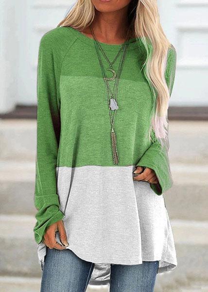 Casual Round Collar Color Block Long Sleeve Tops