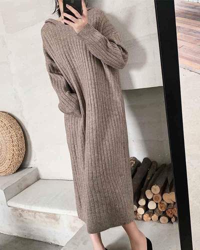Solid color loose long-sleeved knitted dress