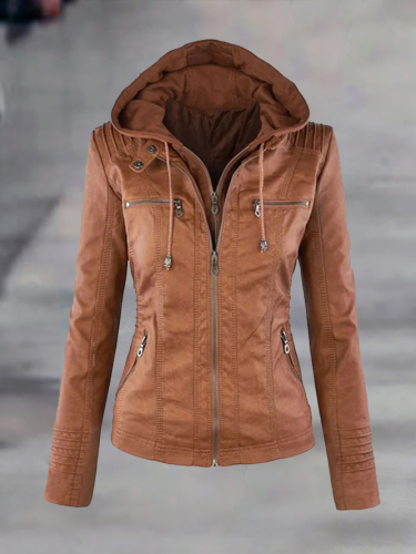 Casual Faux Leather Pockets Hoodie Jackets