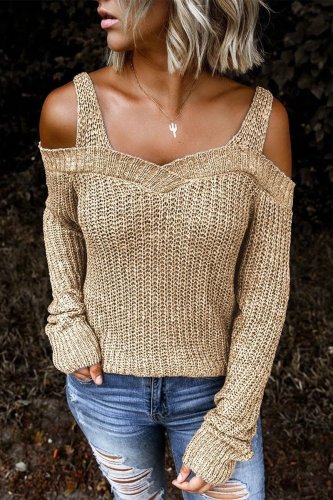 Casual Sling Strapless Solid Color Long Sleeve Sweater