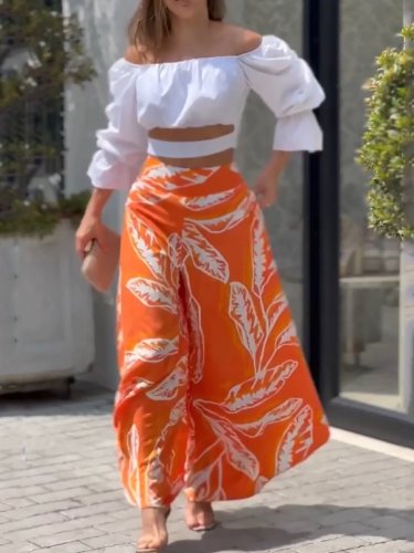 Two-piece set of cropped top & printed wide-leg pants