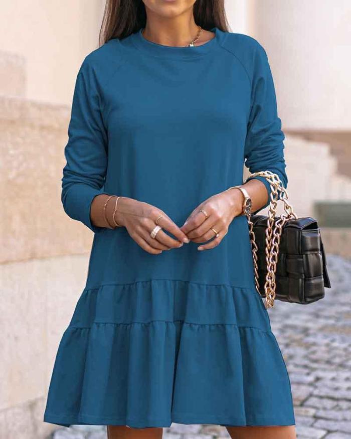 Solid Loose Crew Neck Ruffle Dress