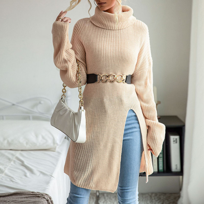 Solid Color With Side Split Long Sleeves Turtleneck Sweater
