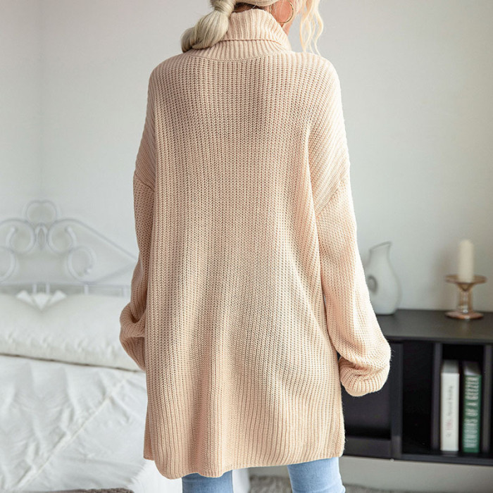 Solid Color With Side Split Long Sleeves Turtleneck Sweater