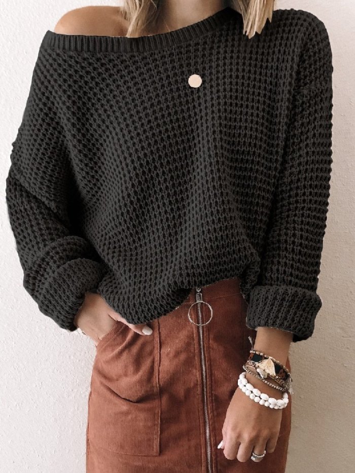 Fashion Solid Color Diagonal Collar Short Long Sleeve Knitted Sweater