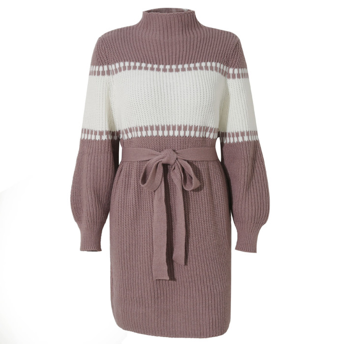 Casual Collared Patchwork Sweater Dress