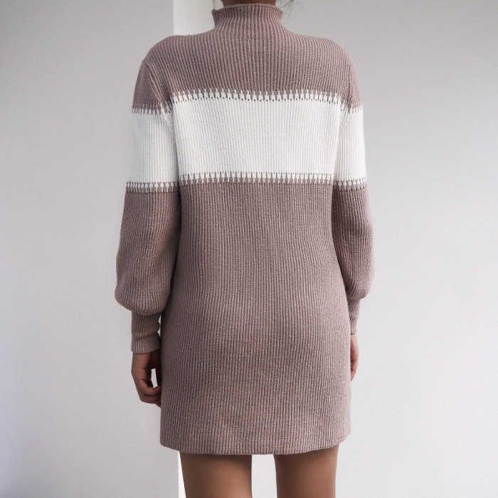 Casual Collared Patchwork Sweater Dress