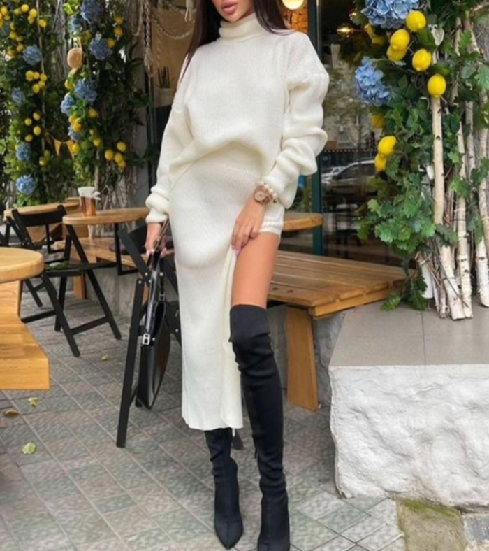 Turtleneck Casual Slit Sexy Skirt Two Pieces