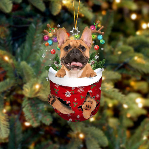 brown French Bulldog In Snow Pocket Christmas Ornament