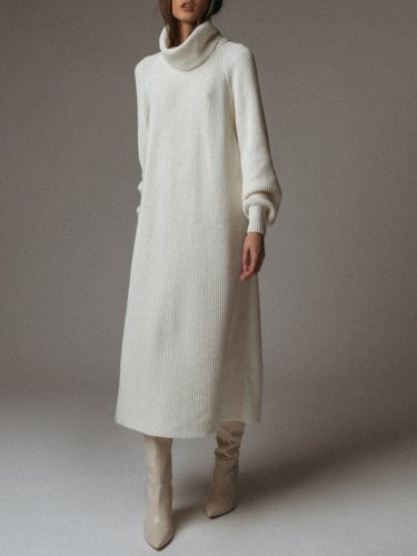 Solid Color Turtleneck Casual Sweater Dress