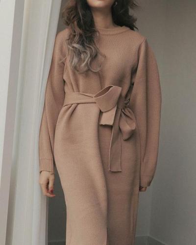 Casual Knitted Turtleneck Belted Sweater Dress