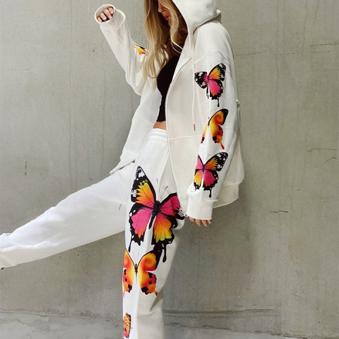 Fashion Butterfly Print Hooded Casual Sweatshirt Set