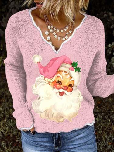 Christmas Retro Pink Santa V Neck Print Knit Tops