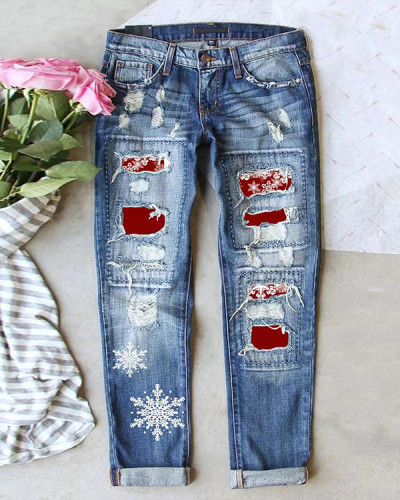 Christmas Snowflake Print Loose Casual Jeans