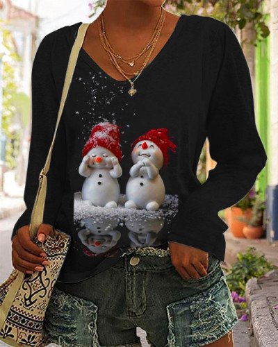 Snowman Print V-Neck T-Shirt