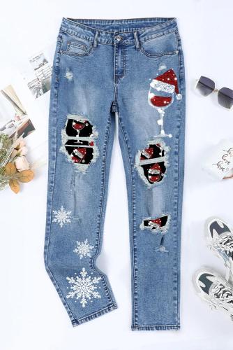 Christmas Wine Glass Print Loose Casual Jeans