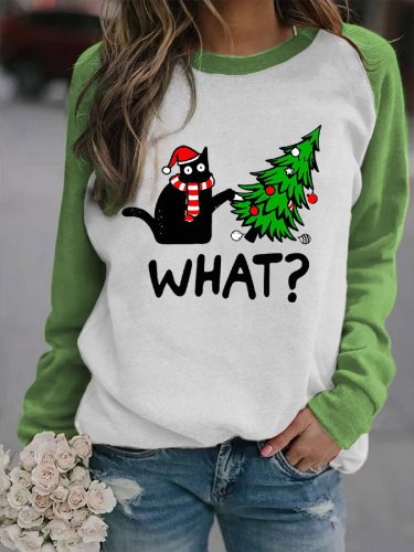 Women's Christmas Tree Black Cat Print Casual Sweatshirt