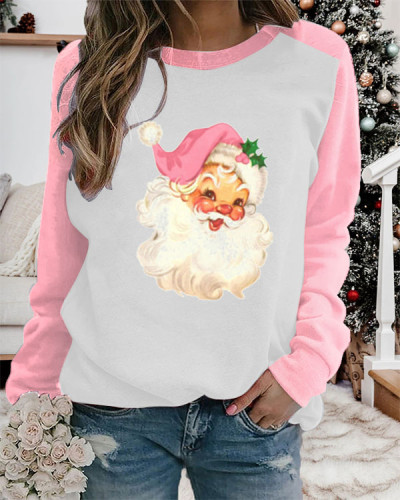 Pink Christmas Santa Print Panel Casual Sweatshirt