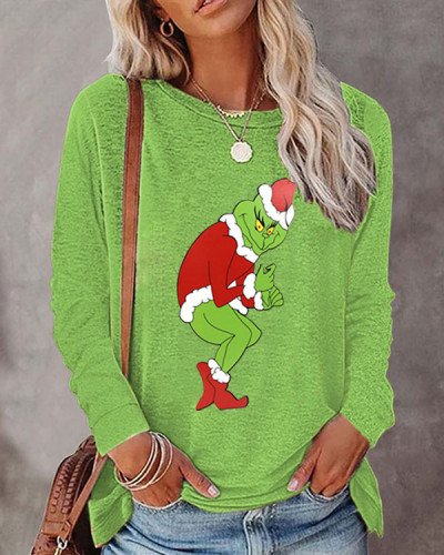 Christmas Grinch Long Sleeve Crew Neck Loose Top