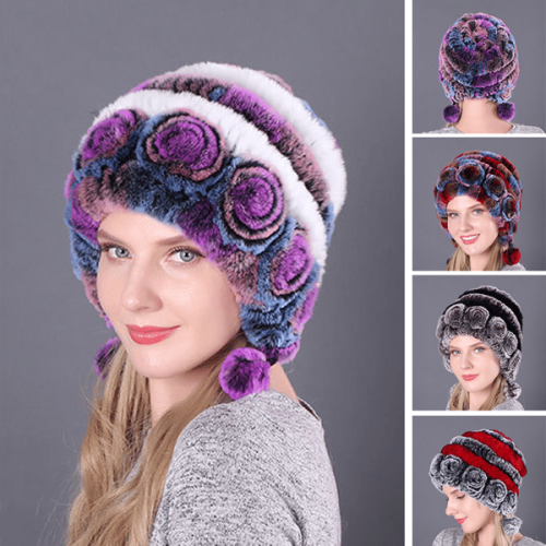 (🎁Early Christmas Sale - 49% OFF) Lady Warm Flowers Striped Real Rex Rabbit Fur Hats