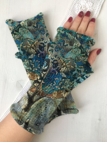 Retro butterfly tree print knit fingerless gloves