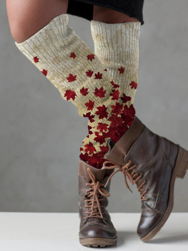 Retro maple leaves print knit boot cuffs leg warmers