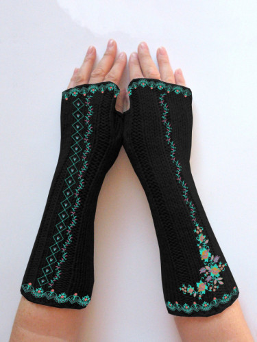 Vintage Slouchy Floral Print Knit Fingerless Gloves