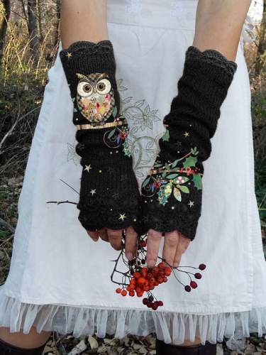 Casual owl print warm gloves