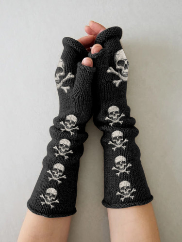 Retro skull casual print knit fingerless gloves