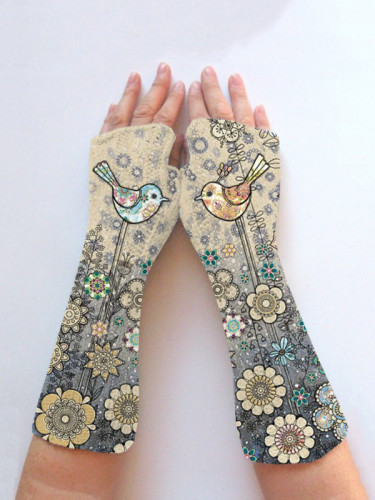 Vintage Slouchy Print Knit Fingerless Gloves