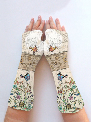 Vintage Slouchy Print Knit Fingerless Gloves