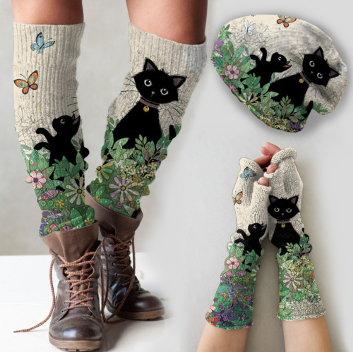 Vintage cat print knitted hat +leg warmers + fingerless gloves set