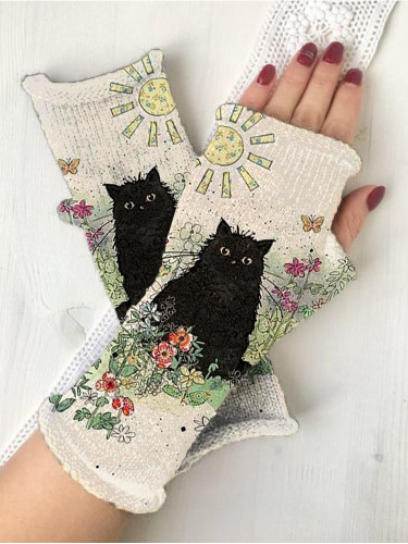 Retro Animal printing knit fingerless gloves