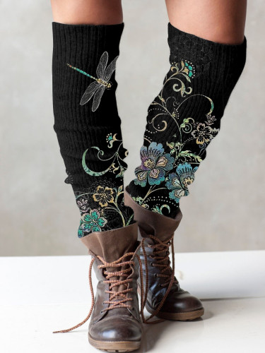 Retro dragonfly and floral print knit boot cuffs leg warmers