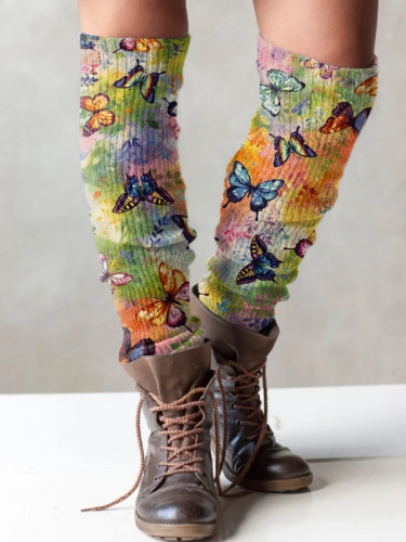 Retro butterfly print knit boot cuffs leg warmers