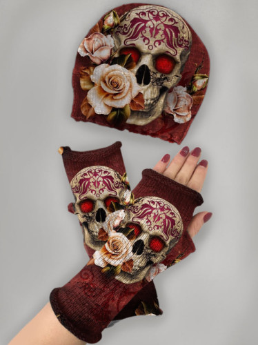 Skull print knitted hat + fingerless gloves set