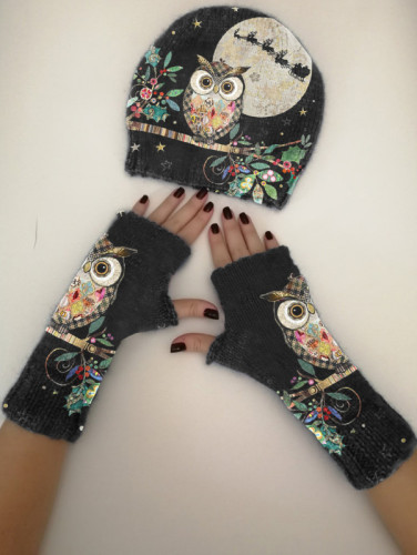 Vintage owl print knitted hat + fingerless gloves set