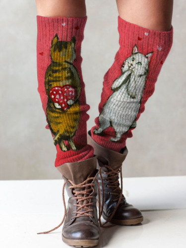 Retro cat print knit boot cuffs leg warmers